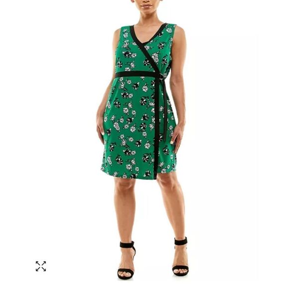 ADRIENNE VITTADINI Sleeveless Faux Surplice Dress Green With Black Trim Size L - Picture 1 of 11